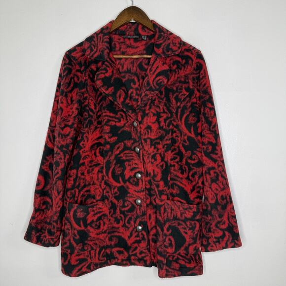 Susan Graver Weekend Rose Jacket Womens Large Red Black Fleece Snap Button - Picture 1 of 7